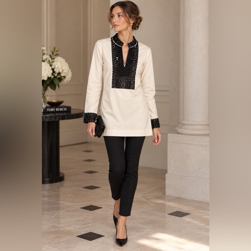 Tory Burch Tory Tunic Size 0 NWT Ivory Black Sequin Beaded Top $348 42497
